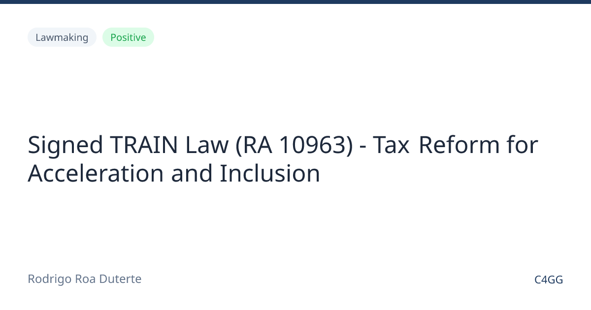 Signed TRAIN Law (RA 10963) - Tax Reform for Acceleration and Inclusion ...